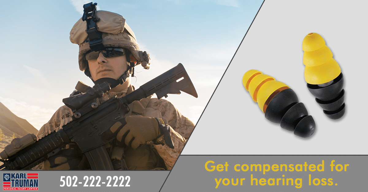 Soldier next to graphic of faulty 3M military earplugs, with text that reads "get compensated for your hearing loss"