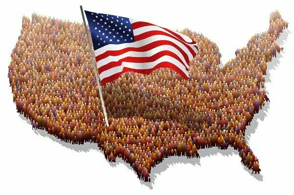 Animated picture of people standing to form a united state of america with the Flag in the middle