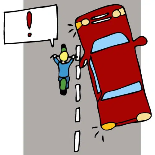 A drawing of a car merging to the other lane with the a bicyclist on the other lane