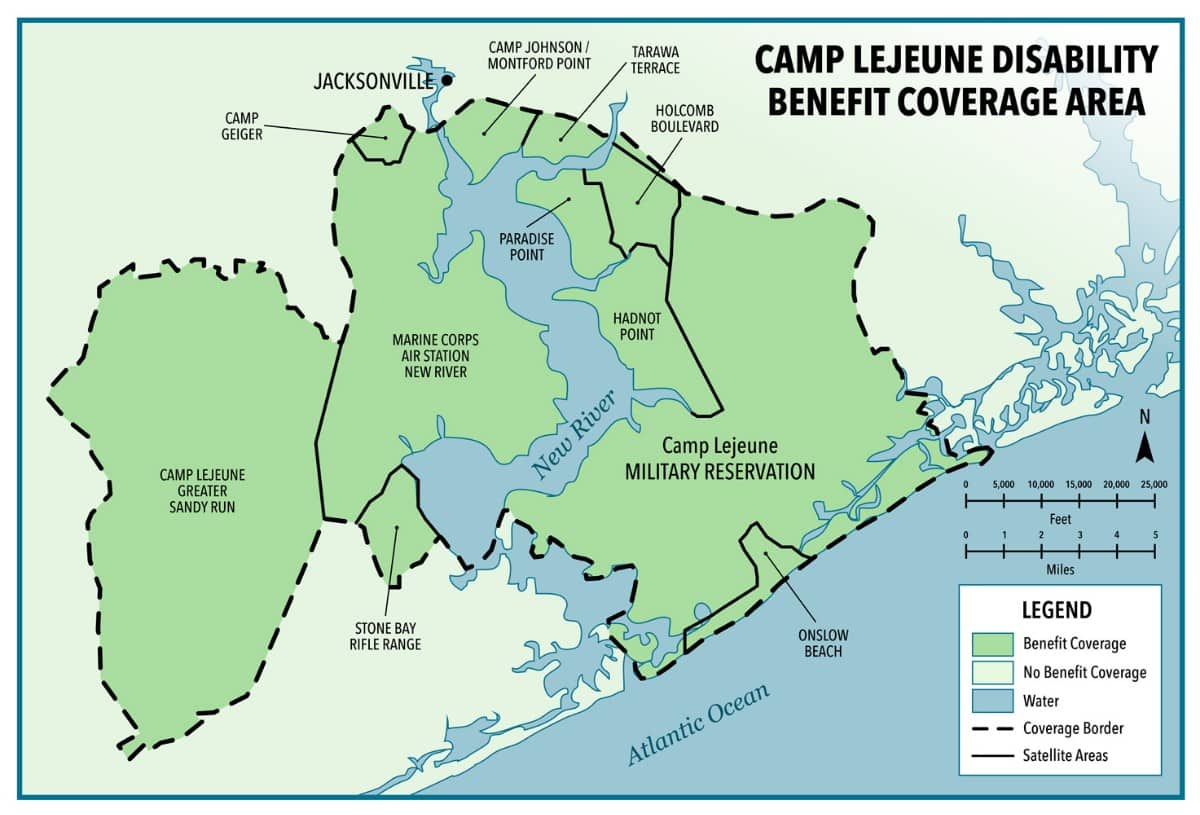 A map of Camp LeJeune disability benefit coverage area