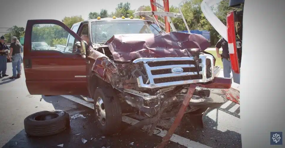 A red truck involved in a catastrophic accident
