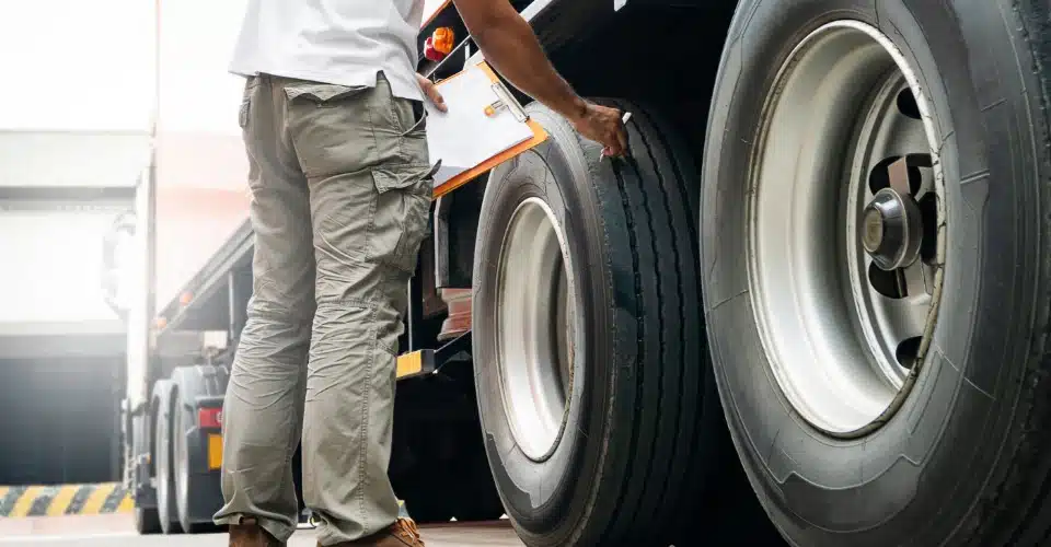 A person with a clipboard inspecting semi truck tires