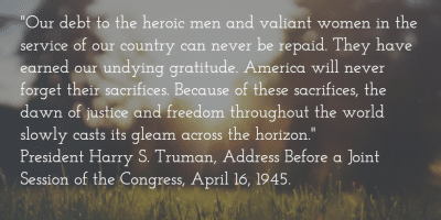 Harry S. Truman quote honoring military service and sacrifice, National Military Appreciation Month.