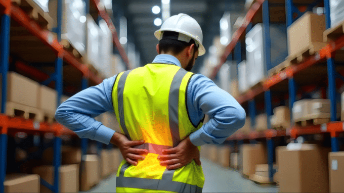 Worker with back pain in warehouse illustrating workers’ compensation settlements.